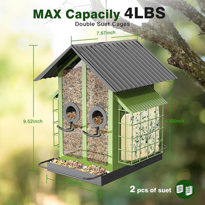 Bird Feeders for Outdoors, Metal Bird Feeder with Double Suet Cage Weatherproof Metal Roof, 2 in 1 Mixed Seeds Suet Feeder, 4Lbs Large Capacity, Great for Finch、Cardinal、Chickadee（Green）