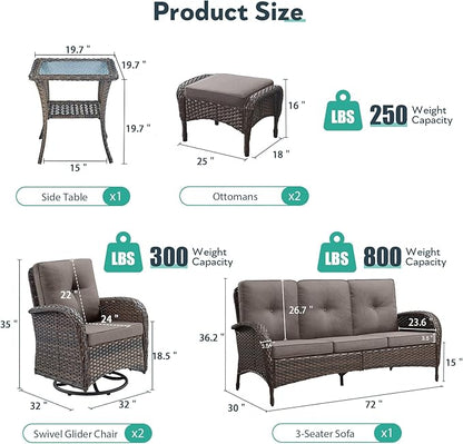 6 Piece Patio Furniture Set - Wicker Patio Conversation Set with Swivel Glider, 3-Seater Sofa, Tempered Glass Side Table and 2 Ottomans for Deck Backyard - Brown Wicker Grey Cushion