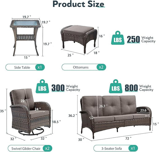 6 Piece Patio Furniture Set - Wicker Patio Conversation Set with Swivel Glider, 3-Seater Sofa, Tempered Glass Side Table and 2 Ottomans for Deck Backyard - Brown Wicker Grey Cushion