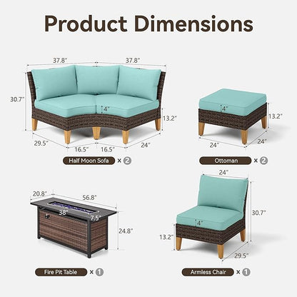 GREEN PARTY 7 Pieces Wicker Patio Furniture Set with 56" Fire Pit Table, All-Weather Outdoor Rattan Patio Half-Moon Curved Sectional Sofa Conversation Set with 4" Thick Cushions for Backyard (Blue)