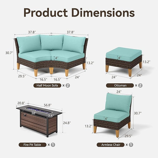 GREEN PARTY 7 Pieces Wicker Patio Furniture Set with 56" Fire Pit Table, All-Weather Outdoor Rattan Patio Half-Moon Curved Sectional Sofa Conversation Set with 4" Thick Cushions for Backyard (Blue)