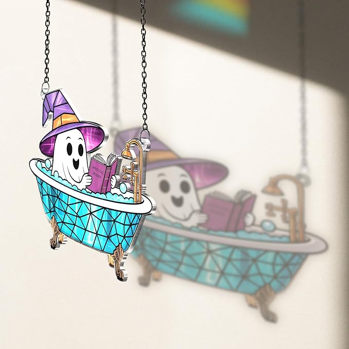 2 Boo Bathtub Acrylic Suncatchers, Gothic Cute Ghost Reading Book Window Hanging Ornaments, Halloween Horror Home Decor Witch Handmade Wall Art, Gift for Women Mom Friends Family
