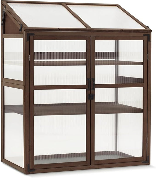 Macrout Cold Frame Greenhouse, Large Wooden Greenhouse Cabinet, Garden Cold Frame with Adjustable Shelves for Outdoor Indoor Use, 1344 (Brown)