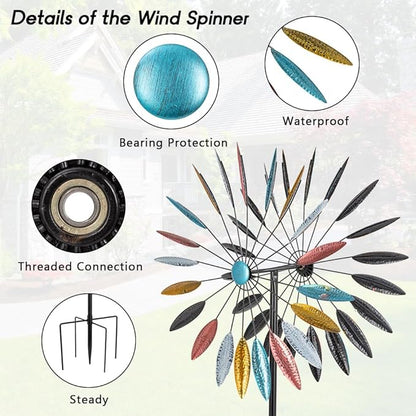 DREAMYSOUL Wind Spinner Outdoor, 23" Dia Dual Colorful Blades Metal Windmills, Kinetic Wind Spinners & Sculpture for Yard and Garden