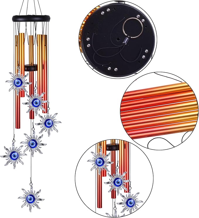 Blue Evil Eye Sun Wind Chimes Outdoor Decor, Mobile Sun Evil Eye Wind Catcher, Evil Eye Sun Wind Bells, Sun Blue Evil Eye Amulet Wind Chimes for Home, Gift for Mom, Balcony, Patio, Garden Decoration