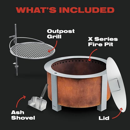 Breeo Smokeless Fire Pit Grilling Bundle (X Series 24 Corten Steel, Outpost Grill, Ash Shovel, & Lid) | 27.5 inch Smokeless Firepit for Outside | Ideal for Families
