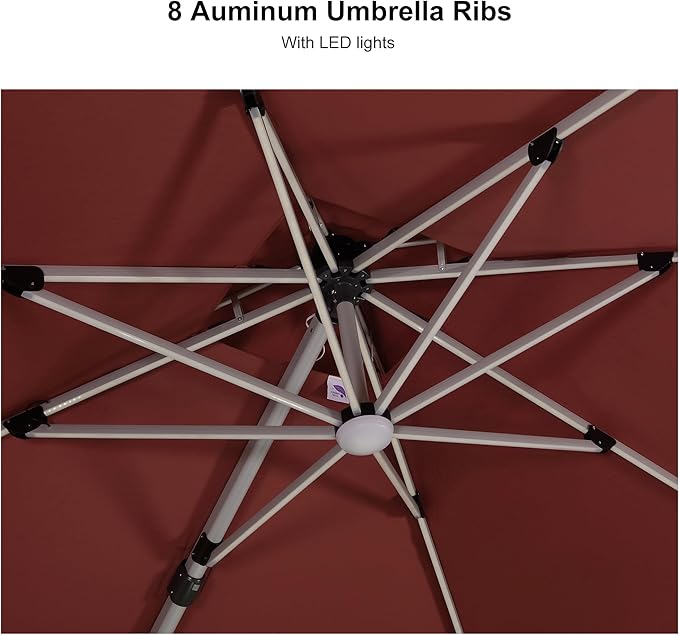 PURPLE LEAF 10 Feet Solar Powered LED Square Cantilever Umbrella With Base Patio Umbrellas Windproof Hanging Outdoor Umbrellas Offset Umbrella, Terra