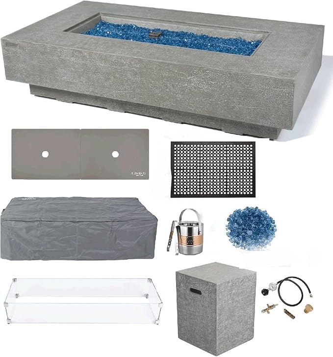 Elementi+ | Bundle Riviera Gas Fire Pit Cast Concrete 60" Rectangular Fire Table, Outdoor Fire Pit Electronic Ignition | Canvas Cover, Fire Glass and Burner Lid Included | Light Gray | Propane Gas