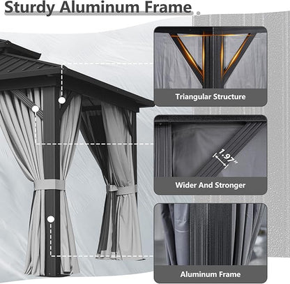 Aoxun 10' X 14' Hardtop Gazebo, Aluminum Metal Outdoor Gazebo with Galvanized Steel Double Roof, Permanent Patio Pavilion with Breathable Netting and Curtains for Dining, Wedding, Party
