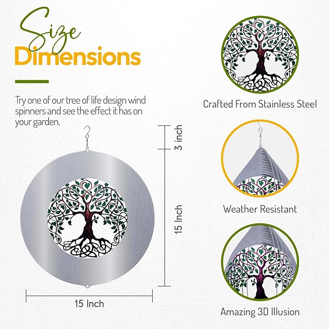 ISEO Tree of Life Wind Spinner for Yard and Garden, Hanging Outdoor Decor, Yard Art, Porch and Patio Decorations, Metal Wind Spinners Outdoor, Weather Resistant, 15”
