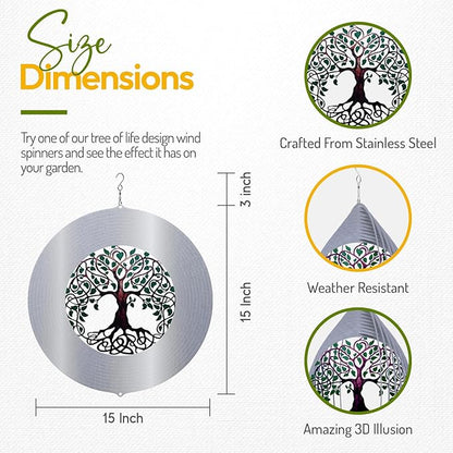 ISEO Tree of Life Wind Spinner for Yard and Garden, Hanging Outdoor Decor, Yard Art, Porch and Patio Decorations, Metal Wind Spinners Outdoor, Weather Resistant, 15”