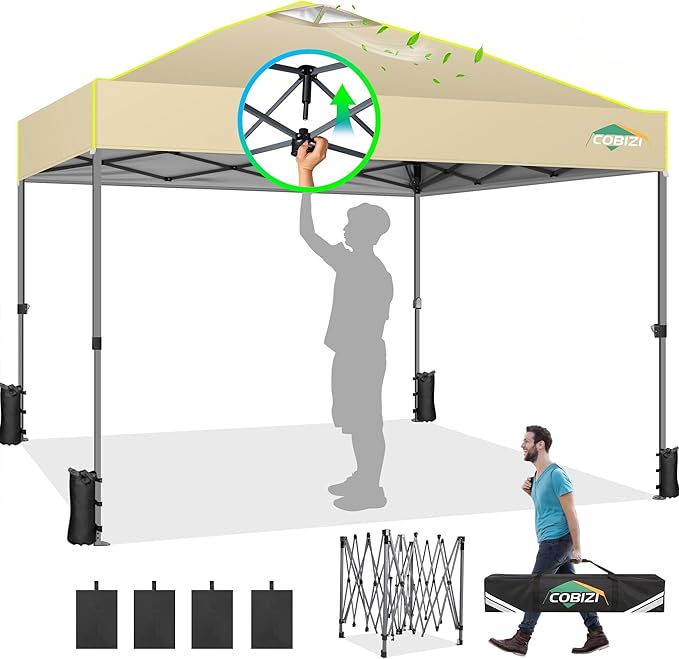 COBIZI Canopy 10x10 Pop Up Canopy Tent 1-Button Push Easy up Outdoor Canopy Instant Portable Commercial Shelter Waterproof UPF50+ Gazebo with Reflective Strip, Air Vent & 4 Sandbags,Khaki