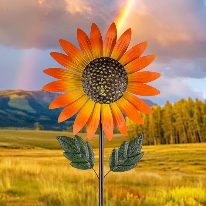 Sunflower Wind Spinner,Garden Windmills and Spinners for Yard,Metal Flowers for Outside,Metal Kinetic Wind Sculptures, 12.8 * 57 Inches