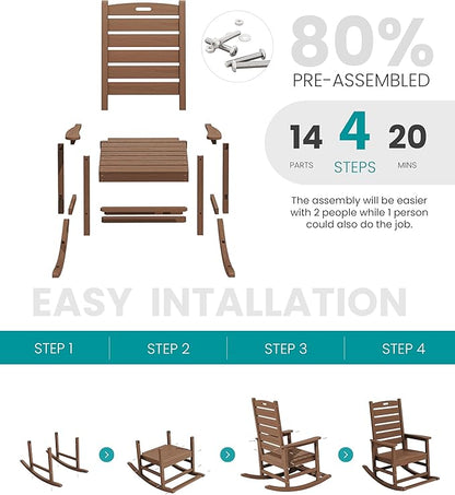 SERWALL Outdoor Rocking Chair Set of 2, Oversized Rocking Chair with Footboard for Adults, HDPE All Weather Resistant Rocking Chairs for Patio, 350lbs Weight Capacity, Brown