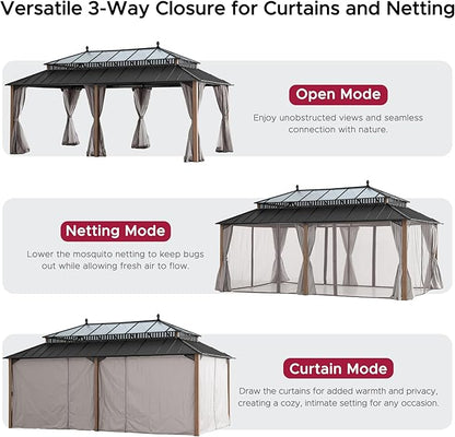 SUNJOY Kingston 20' x 12' Hardtop Gazebo with Galvanized Steel/Polycarbonate Double Roof, Curtain and Netting, Woodgrain Finish Aluminum Posts Permanent Pavilion Gazebo for Garden, Patio, Deck, Lawn
