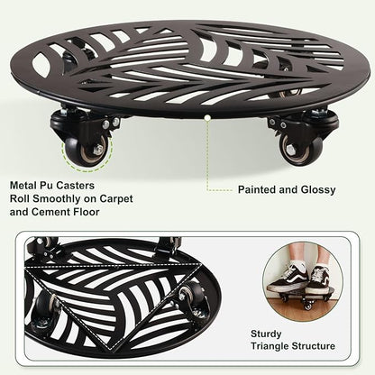 1 Pack Large Metal Plant Caddy with Wheels 13.5 Inches Heavy-duty Iron Rolling Plant Stand with Casters Indoor Outdoor Plant Roller Base Planter Movers Garden Dolly Coaster Trolley Black