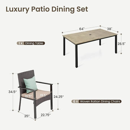 PHI VILLA 7 Pieces Patio Dining Set for 6, 65” Wood-Like Metal Steel Dining Table & Rattan Wicker Chairs with Cushions, Large Dining Furniture Set for Outdoor Deck, Yard, Porch