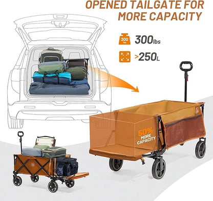 TIMBER RIDGE 49" Extra Long Collapsible Folding Wagon with Tailgate and Brakes, 250L Capacity All-Terrain Wagon Carts Foldable, 300lbs Portable Cart for Dog, Garden, Outdoor Camping Sports, Orange