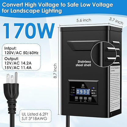 170W Low Voltage Landscape Transformer with Timer & Photocell for Landscape Lighting, 120V to 12V/15VAC, Stainless Steel, Weatherproof for Outdoor Landscape Lights,Yard Lights,Garden Lights