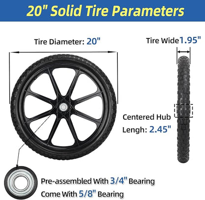 20" Flat Free Tire and Wheel, with 3/4" & 5/8" Bearing, 2.45" Centered Hub, Replacement Wheel For Rubbermaid Wheelbarrow, Garden Yard Cart, 2 Pcs