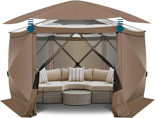 COBlZl 12x12 pop up Gazebo on Clearance Screen Canopy Tent for Camping,Outdoor Instant Stargazing Gazebo,Portable Hub Tent with Removable Sidewalls,Pavilion for Backyard,Brown