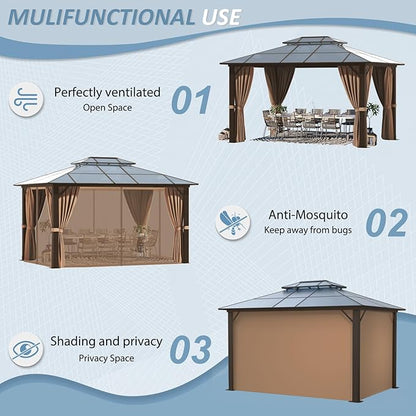 Aoxun 10'x12' Hardtop Gazebo, Aluminum Frame Permanent Pavilion with Curtains and Netting, Outdoor Polycarbonate Double Roof Canopy with String Lights, for Garden, Lawns, Patio, Brown