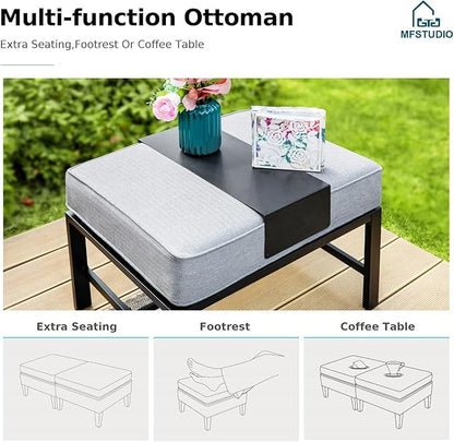MFSTUDIO 6 Pieces Patio Furniture Sets with 45" Gas Fire Pit Table(Up to 7 Seat), Outdoor Metal Frame Patio Conversation Sofas with 1 x 3-Seat Sofa, 2 Rocking Chairs and 2 Ottoman, Grey Cushion