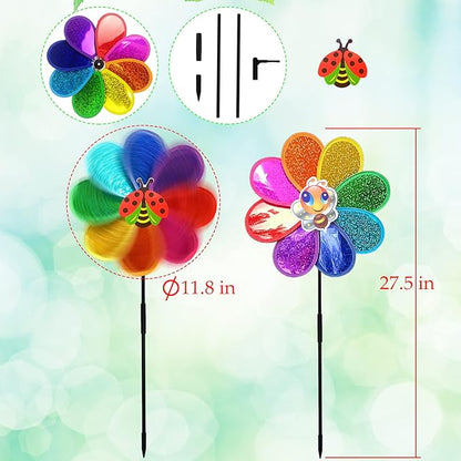 Outdoor Wind Spinners Yard Garden Decor 12in Shiny Pinwheel for Kids Rainbow Lawn Ornaments to Deter Animals (3 PCS)