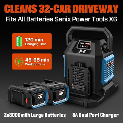 SENIX 21-Inch 60 Volt Cordless Snow Blower with Heated Handles and Steel Auger, 13-Inch Clearing Depth, 45-Foot Max Throw Distance, Dual LED Lights, 2 * 8.0Ah Batteries and Dual Port Charger Included