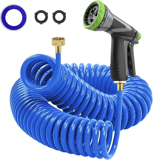 Coil Hose,3/8" EVA Coil Garden Hose 25 FT,Curly Water Hose Lightweight with Brass Connectors,Recoil Garden Hose Includes 8-Pattern Spray Nozzle for Boat, Yard, Patio, Green