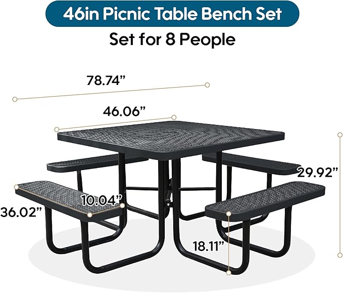 8-Person Picnic Tables for Outdoors, Industrial 46" Expanded Metal Square Picnic Table with 4 Benches & Umbrella Hole, Outside Table and Bench Set for Garden, Backyard, Porch, Patio, Black