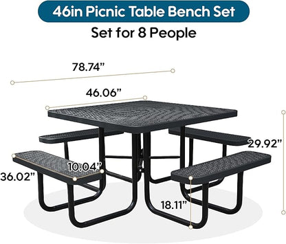 46Inch Square Picnic Table for 8 Person, Outdoor Heavy Duty Sturdy Picnic Tables with 4 Benches & Umbrella Hole, Commercial Metal Patio Picnic Table for Garden, BBQ, Coffee Store, Party, Porch (Black)