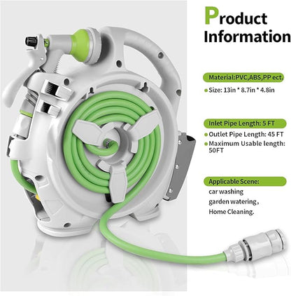 Kitness Mini Retractable Garden Hose Reel, Portable Simple Home 45+5 FT Hose Reel with 7 Adjustable Patterns Spray Nozzle&Standard Connector, Watering Hose Reel for Gardens Yards and lawns (Green)