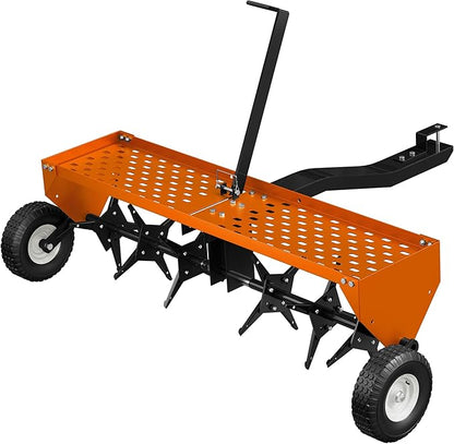 40" Lawn Aerator Tow Behind, Pull Behind Aerator with Universal Hitch, 24 Galvanized Steel Tines, Tray and Pneumatic Tires, Plug Behind Aerator is Suitable for Gardens, Lawns and Farms