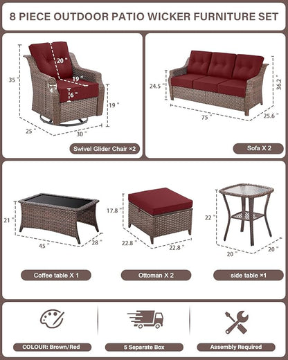 Belord High Back Wicker Outdoor Furniture - 8-Piece Patio Conversation Set with Swivel Rocker Glider Patio Chairs Set of 2 and Rattan Couch, Coffee Table and Ottoman for Lawn Backyard Porch Garden