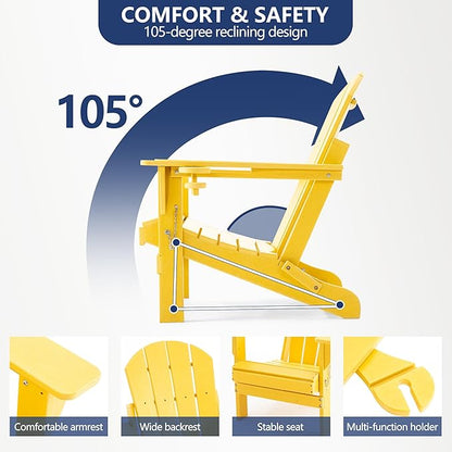 Folding Adirondack Chair, HDPE Outdoor Texture Lawn Chair with Reclining Back, Cup and Phone Holder - Comfortable Firepit Chair Weather Resistant for Patio or Backyard (Yellow, Set of 2)