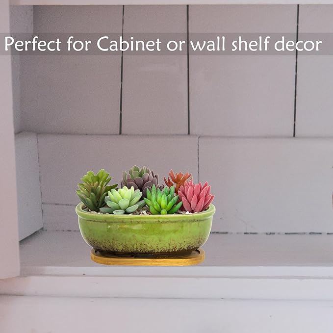 Succulent Pots, 7.9 Inch Long Rectangular Succulent Planters with Drainage Tray, Shallow Planters for Indoor Plants Ceramic Cactus Pots Glazed Bonsai Flower Plant Container for Home Windowsill Decor