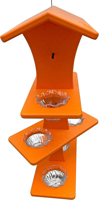 DutchCrafters Plastic Poly Double Platform Hanging Oriole Bird Feeder with Fruit Slice Holders & Nectar Cups, Jelly Bird Feeders for Outside - Amish Made in USA (Triple, Bright Orange)