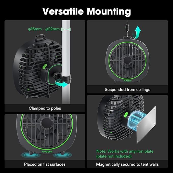 VIVOSUN AeroWave D4, 4” Grow Tent Clip Fan with Detachable Hook, 3-Speed Strong & Quiet Airflow, Adjustable Airflow Angle for Hydroponics, Circulation & Cooling, Black, 2-Pack