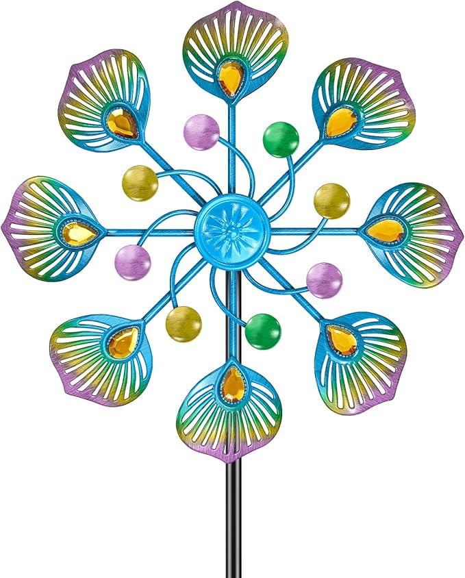 Metal Wind Spinner Outdoor, Kinetic Pinwheel Wind Sculpture with Stake, Small Garden Windmill for Patio Yard Lawn Art Decor (1pcs-Blue Green)