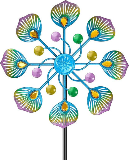 Metal Wind Spinner Outdoor, Kinetic Pinwheel Wind Sculpture with Stake, Small Garden Windmill for Patio Yard Lawn Art Decor (1pcs-Blue Green)