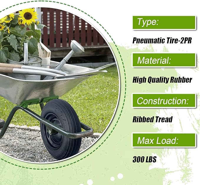 2-Pack 14.5-Inch Wheelbarrow Tire.3.50-8" Pneumatic Tires and wheels with 3"- 6" Center Hub and 3/4" Bushings for Wheelbarrow Lawn Mover Replacement.