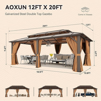 Aoxun 12'x20' Hardtop Gazebo, Aluminum Frame Permanent Pavilion with Netting and Curtains, Outdoor Polycarbonate Double Roof Canopy, Designed for Lawn, Garden, Patio (Brown)
