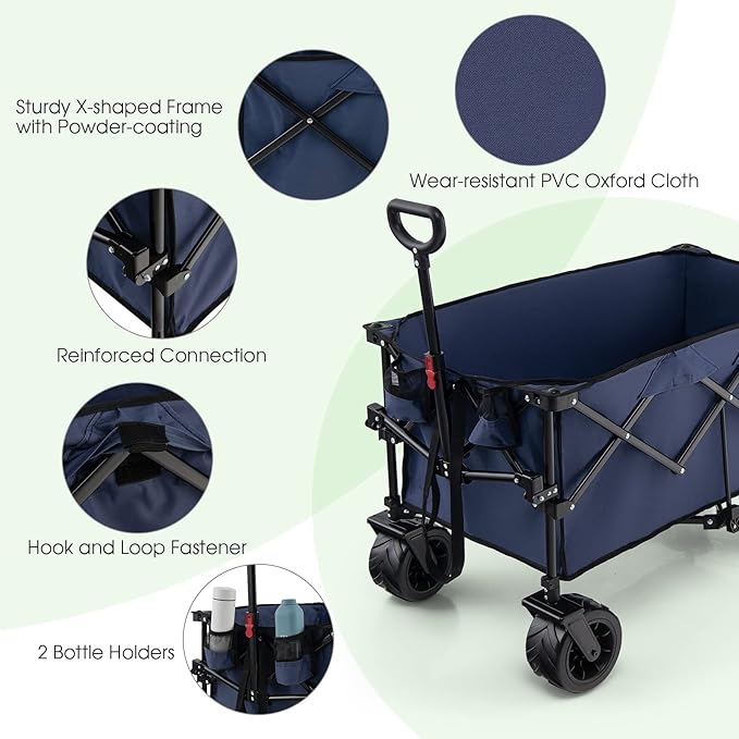 Goplus Collapsible Wagon Cart, Foldable Heavy Duty Utility Wagon with Adjustable Handle, Wide All Terrain Wheels, Cup Holder, Portable Garden Cart Beach Cart for Camping, Picnic (Blue)