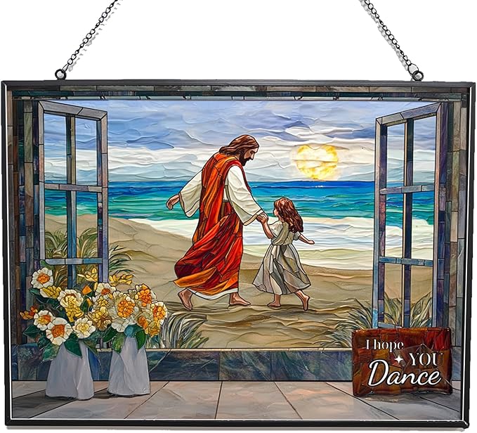 Rectangle I Hope You Dance Christian Stained Glass Sun Catcher, Wall Hanging Colored Decor Room Outdoor Window Decor, Halloween, Christmas Hanging Ornament Mother Day