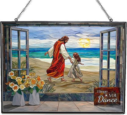 Rectangle I Hope You Dance Christian Stained Glass Sun Catcher, Wall Hanging Colored Decor Room Outdoor Window Decor, Halloween, Christmas Hanging Ornament Mother Day
