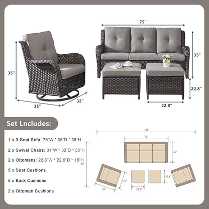 Rilyson 5 Piece Outdoor Patio Furniture Set - Rattan Wicker Patio Conversation Sets with 2 Swivel Rocker Chairs,2 Ottomans and 1 Sofa for Outside Porch Deck Backyard(Brown/Grey)