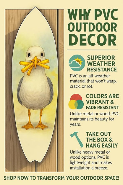 JennyGems Funny Seagull Surfboard Wall Art – Coastal Beach Decor, Seagull with Fries, Outdoor PVC Surfboard Sign (4 Foot)