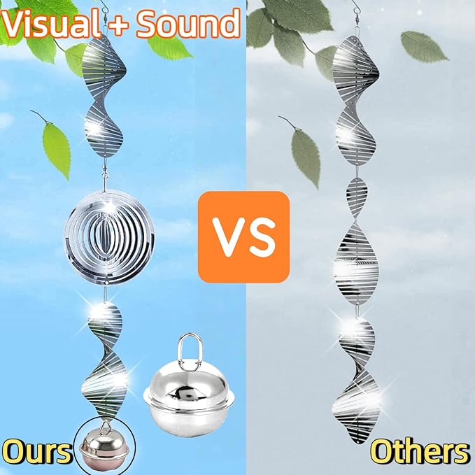 Stainless Steel Wind Spinner with Bells,Visual & Sound Bird Scarer to Keep Woodpeckers, Pigeons Away, Garden Decor for Yard, Patio, Farm Protection