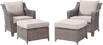 Outdoor Wicker Chair Patio Chairs-Rattan Wicker Chairs with Ottomans Patio Conversation Sets for Porch Garden Balcony Backyard Poolside-Brown/Beige